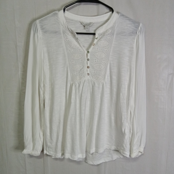 Lucky Brand Tops - Lucky Brand Boho Lace Detailed Top White Long Sleeve Cotton Blend Crew Neck Sz S